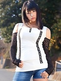 Busty asian Hana Haruna posing outside her natural big breasts!