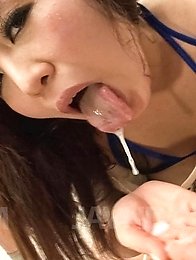 Yume Sazanami Asian gets cum on huge hooters after sucking dick