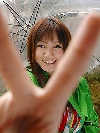 Busty and cute Japanese av idol Meguru Kosaka strips naked on a rainy day