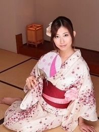 Natsume Inagawa shows round boobs and hairy pussy under kimono.
